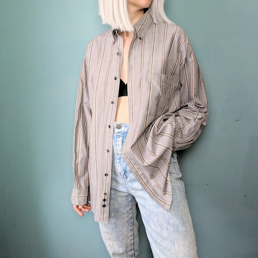 PERRY ELLIS Taupe Gray Striped Button Down Shirt